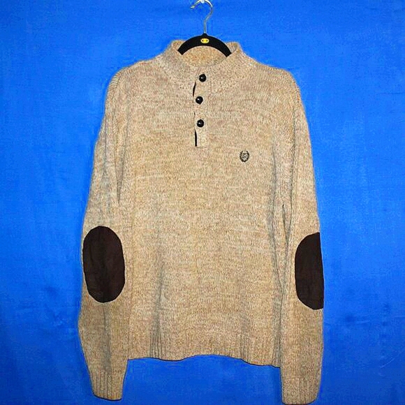 Chaps Mock Neck Sweater - Men's Size L - Tan Knit - Elbow Patches - Picture 1 of 13